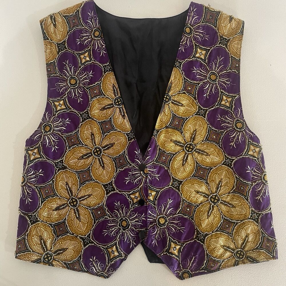 Mardi Gras Beaded Bright Floral Vest S/M